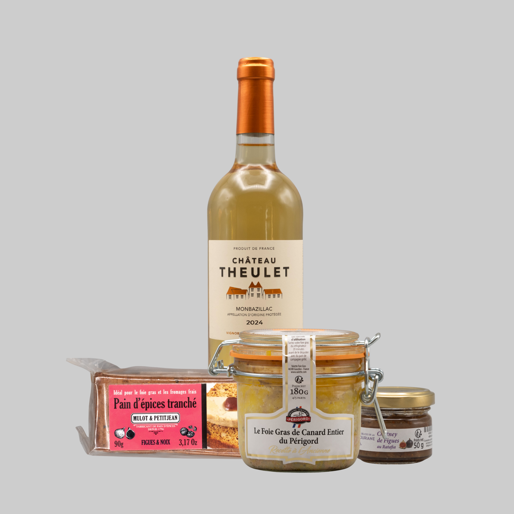 Genuss-Set Feinschmecker: ganze Foie Gras, Pain d'épices, Chutney, Monbazillac Wein