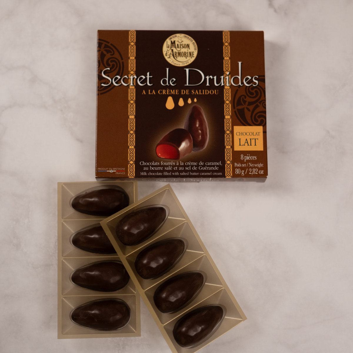 „Secret des Druides“ – Vollmilchschokoladenpralinen mit Salzkaramellfüllung 80g